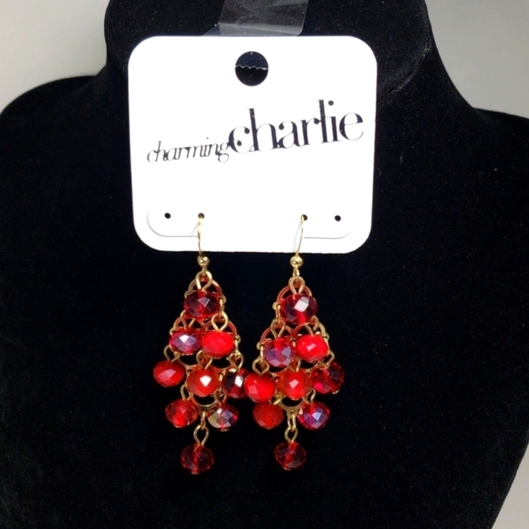 Charming Charlie, Women's  Gold-tone & Red beads Chandelier Drop Dangle Earrings - Picture 1 of 10
